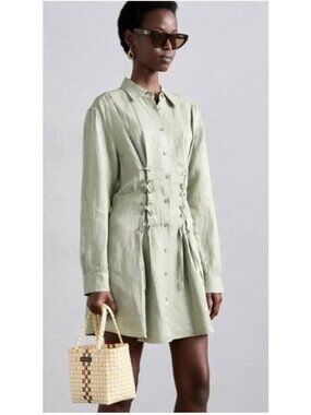 NWT The Kooples Lace Up Detail Shirt Dress Sage Green Size UK 1 S $465 [jb]